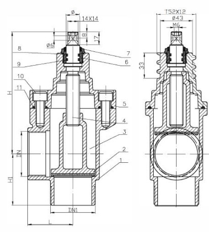 Válvula de acometida de toma vertical (rosca interior) y compuerta vulcanizada EPDM